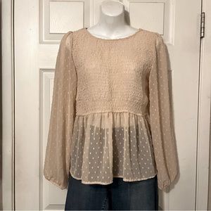 Frances Day Sheer Textured Nude Color Smocked Elastic Panel Long Sleeve Top